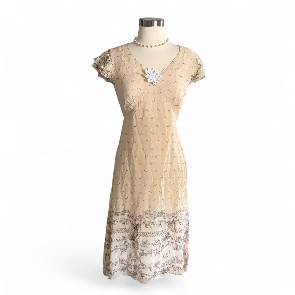 Caroll Womens Cream and Yellow Floral Vintage Y2K Midi Dress Small Cottagecore
